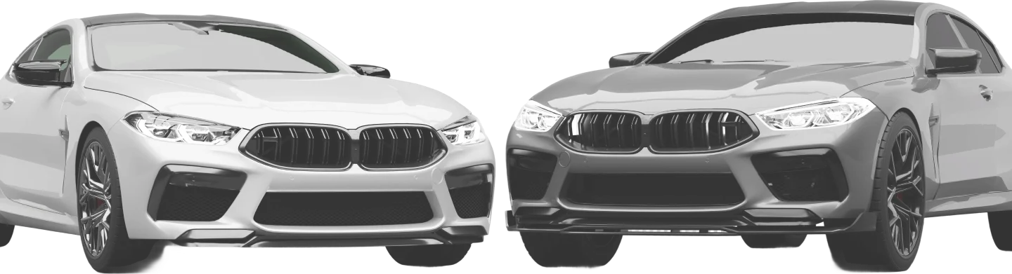 Önden gösterilen premium beyaz ve gri BMW lüks sedanlar, sportif tasarımı ve modern LED farlarıyla sergileniyor.
